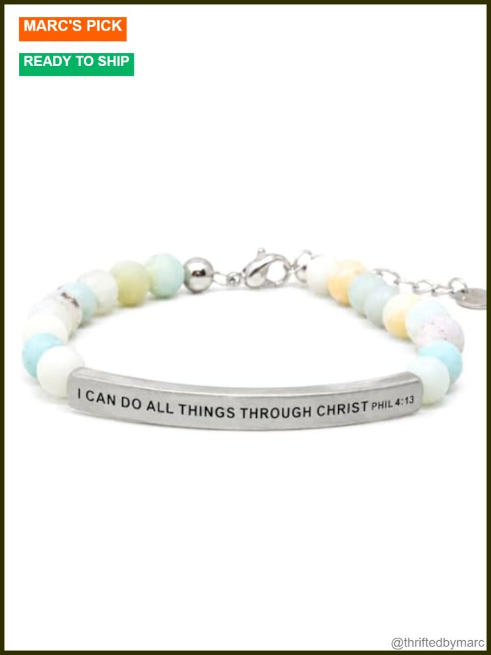 Philippians 4:13 Christian Bracelet, Natural Amazonite, Stainless Steel